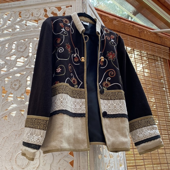 Funky retro vintage embroidered black lace burlap + floral coat jacket L-XL - Picture 8 of 16